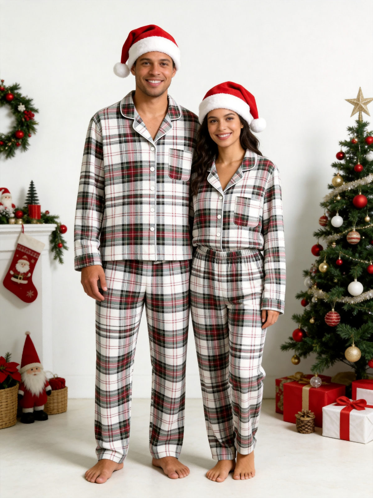 Women Christmas Two-Piece Button Up Long Sleeve PJS Set with Pockets