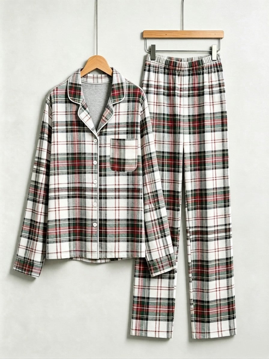 Women Christmas Two-Piece Button Up Long Sleeve PJS Set with Pockets