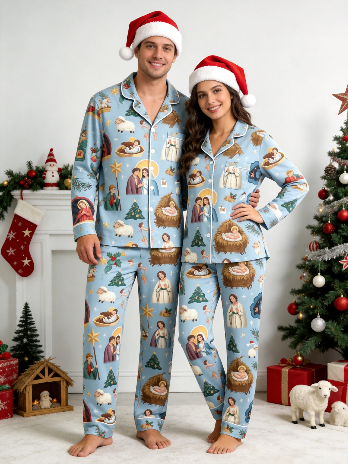 Holy Night Nativity Scene Jesus Women Christmas Two-Piece Button Up Long Sleeve Pajamas