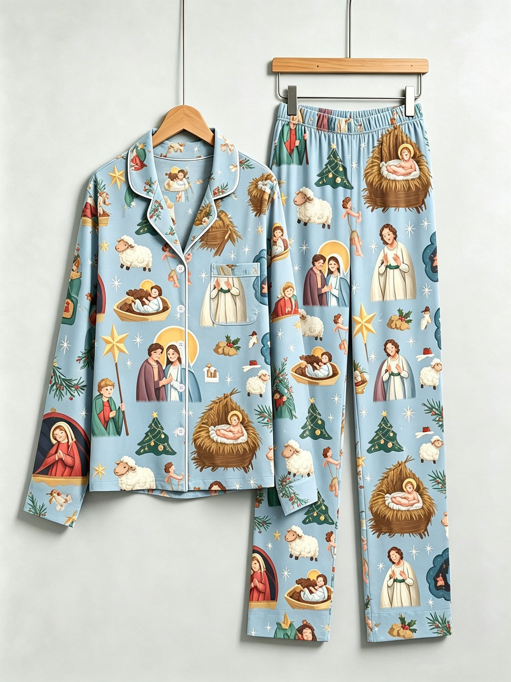 Holy Night Nativity Scene Jesus Women Christmas Two-Piece Button Up Long Sleeve Pajamas