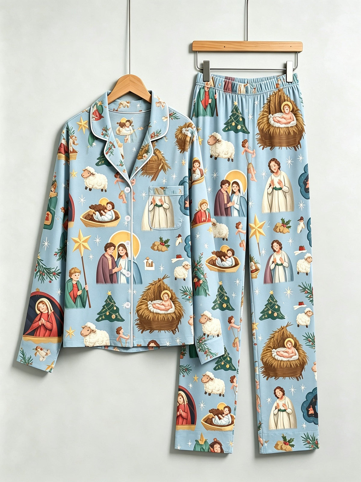 Holy Night Nativity Scene Jesus Women Christmas Two-Piece Button Up Long Sleeve Pajamas