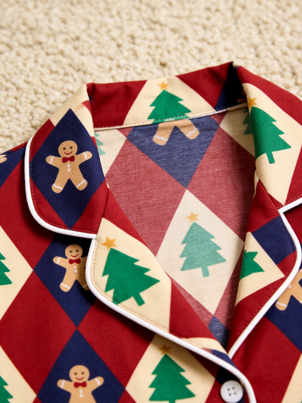 Festive Gingerbread Women Christmas Two-Piece Button-Down PJS Long Sleeve Pants Pockets Cute Candy Print Winter Holiday  Sets