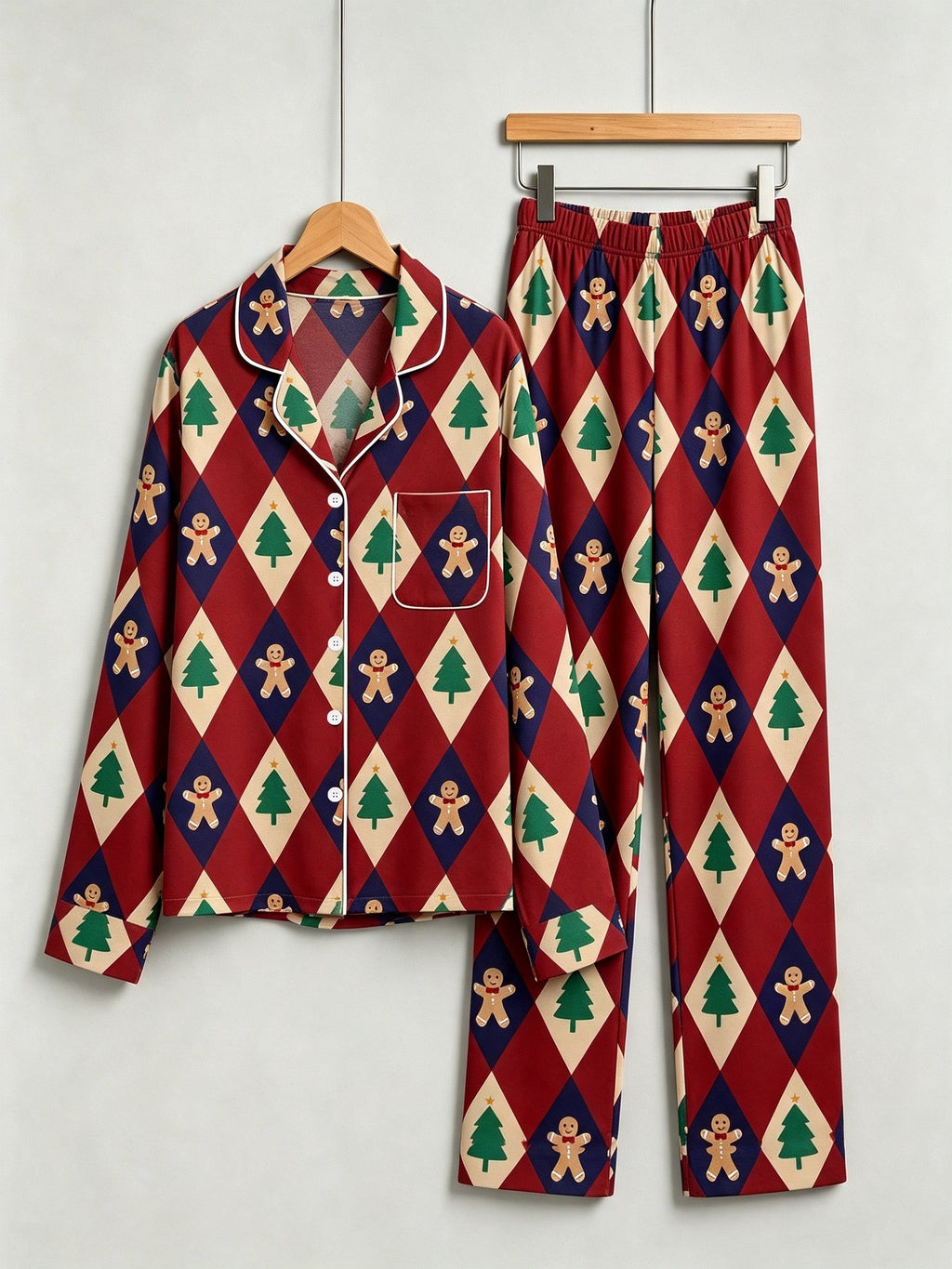 Festive Gingerbread Women Christmas Two-Piece Button-Down PJS Long Sleeve Pants Pockets Cute Candy Print Winter Holiday  Sets