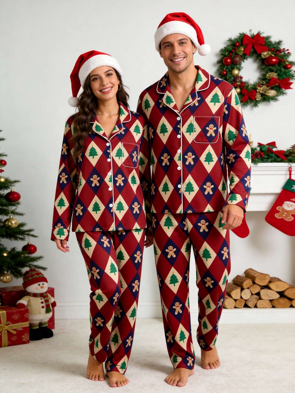 Festive Gingerbread Women Christmas Two-Piece Button-Down PJS Long Sleeve Pants Pockets Cute Candy Print Winter Holiday  Sets