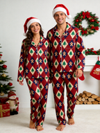 Festive Gingerbread Women Christmas Two-Piece Button-Down PJS Long Sleeve Pants Pockets Cute Candy Print Winter Holiday  Sets