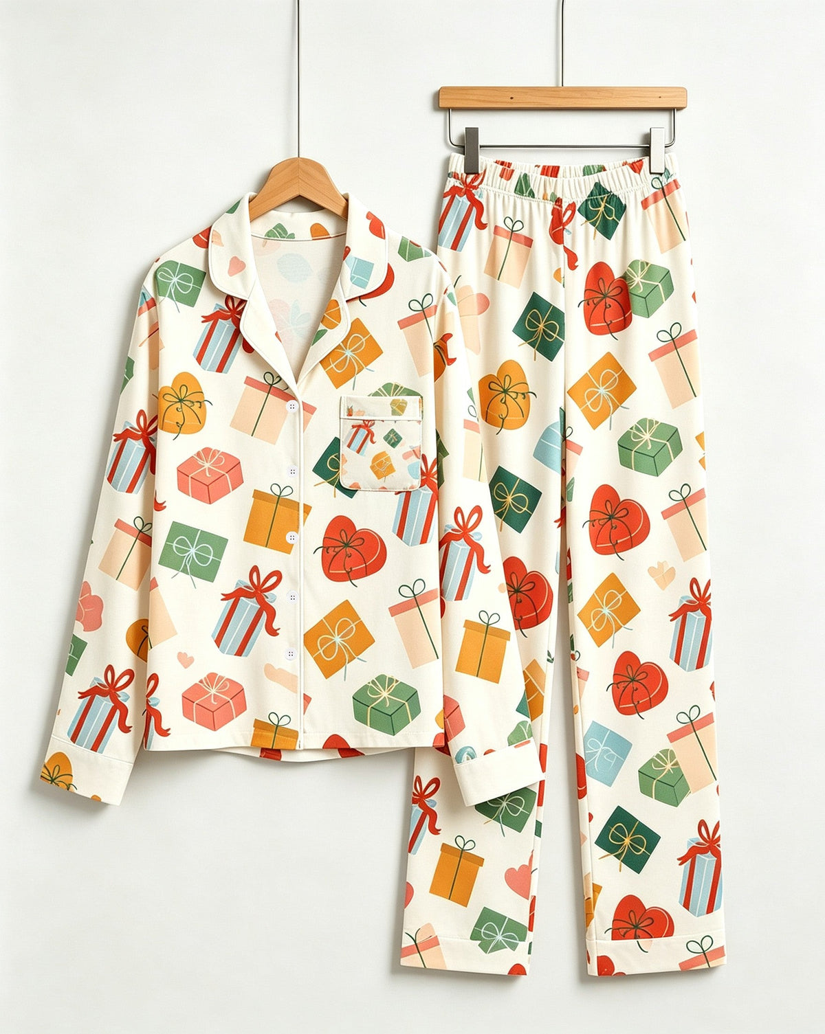 Two-Piece Set Festive Gift Box and Ribbon Women Christmas  Button-Down Long Sleeve PJS Set