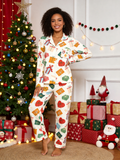 Two-Piece Set Festive Gift Box and Ribbon Women Christmas  Button-Down Long Sleeve PJS Set