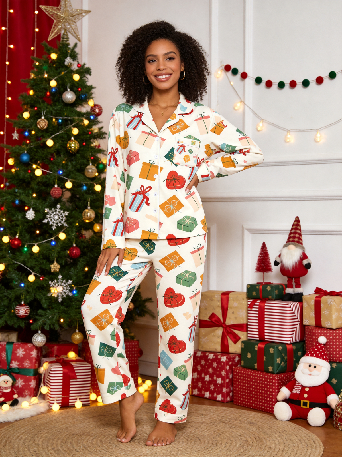 Two-Piece Set Festive Gift Box and Ribbon Women Christmas  Button-Down Long Sleeve PJS Set