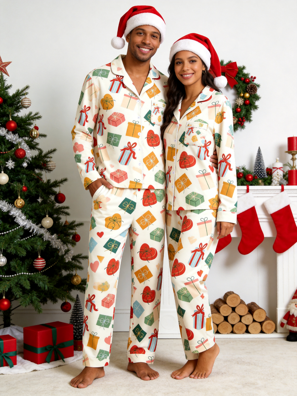 Two-Piece Set Festive Gift Box and Ribbon Women Christmas  Button-Down Long Sleeve PJS Set
