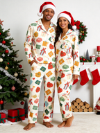 Two-Piece Set Festive Gift Box and Ribbon Women Christmas  Button-Down Long Sleeve PJS Set
