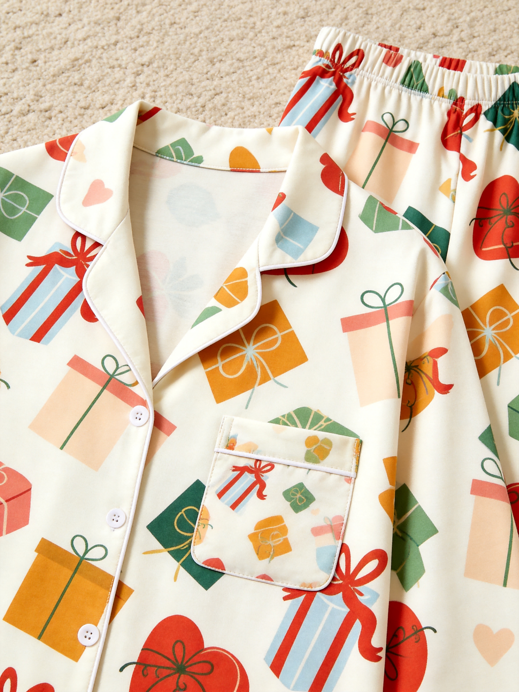 Two-Piece Set Festive Gift Box and Ribbon Women Christmas  Button-Down Long Sleeve PJS Set