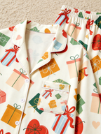 Two-Piece Set Festive Gift Box and Ribbon Women Christmas  Button-Down Long Sleeve PJS Set