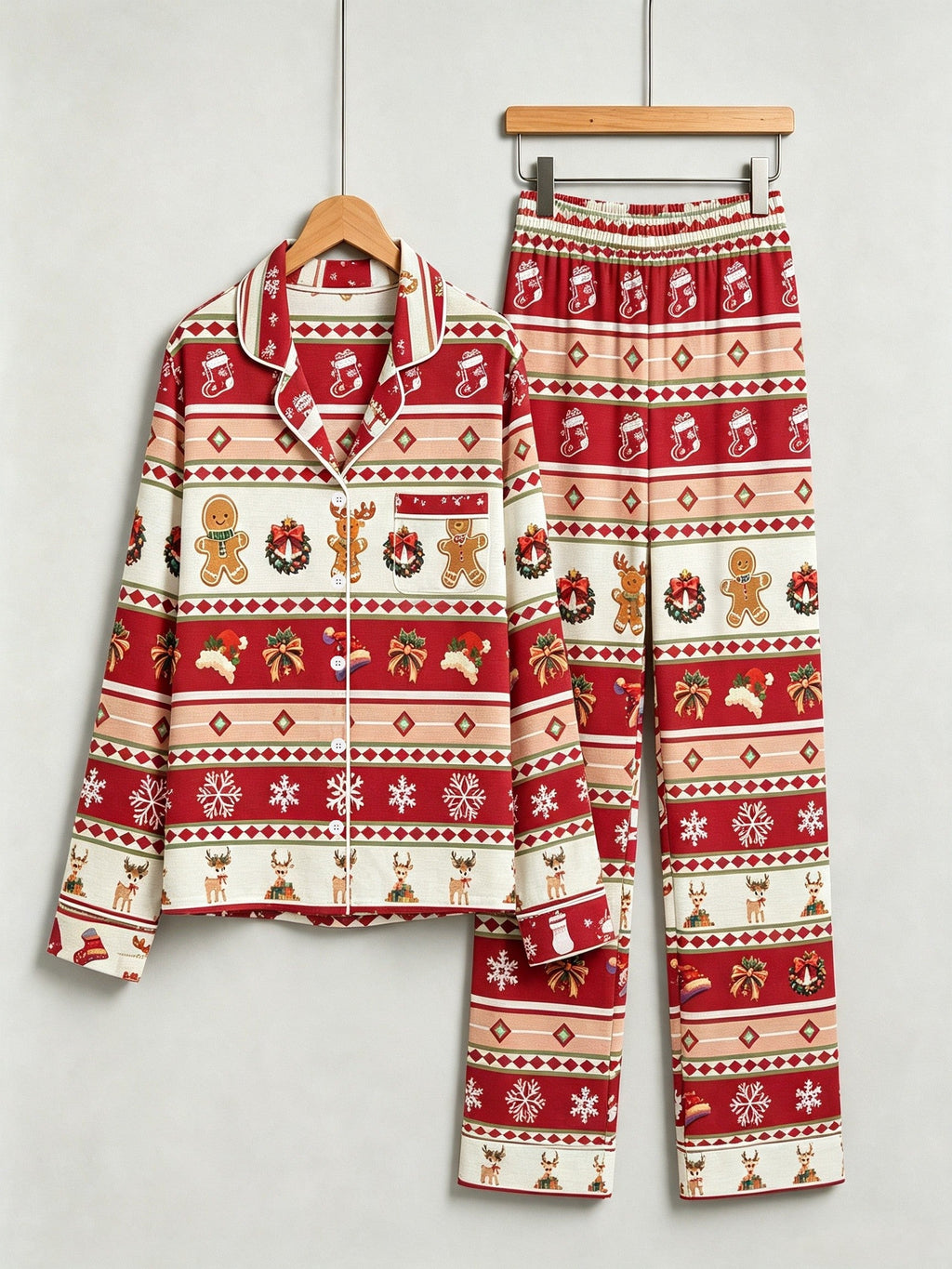 Festive Gingerbread and Elk Print Women Christmas Two-Piece Button-Down PJS