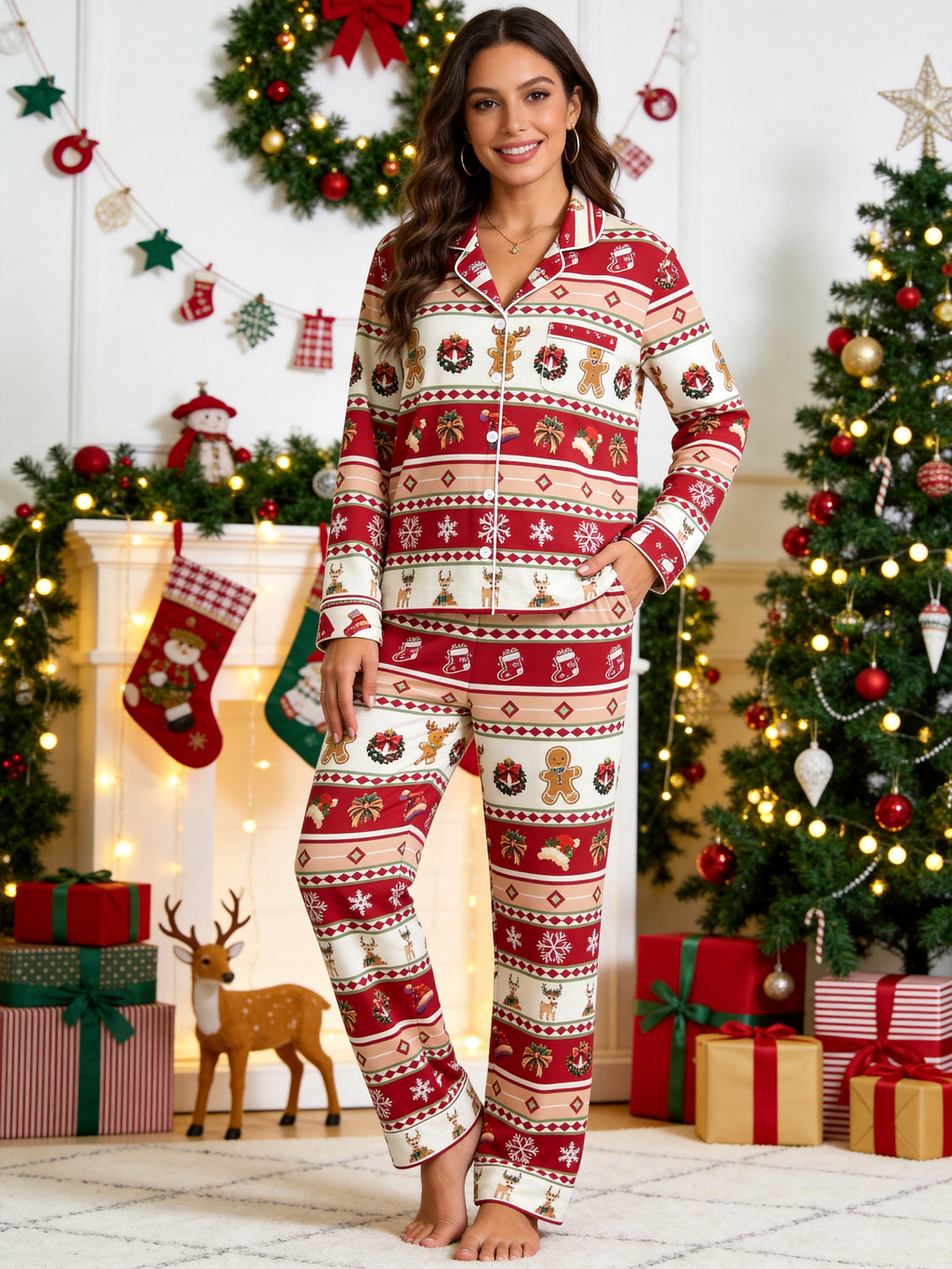 Festive Gingerbread and Elk Print Women Christmas Two-Piece Button-Down PJS