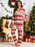 Festive Gingerbread and Elk Print Women Christmas Two-Piece Button-Down PJS