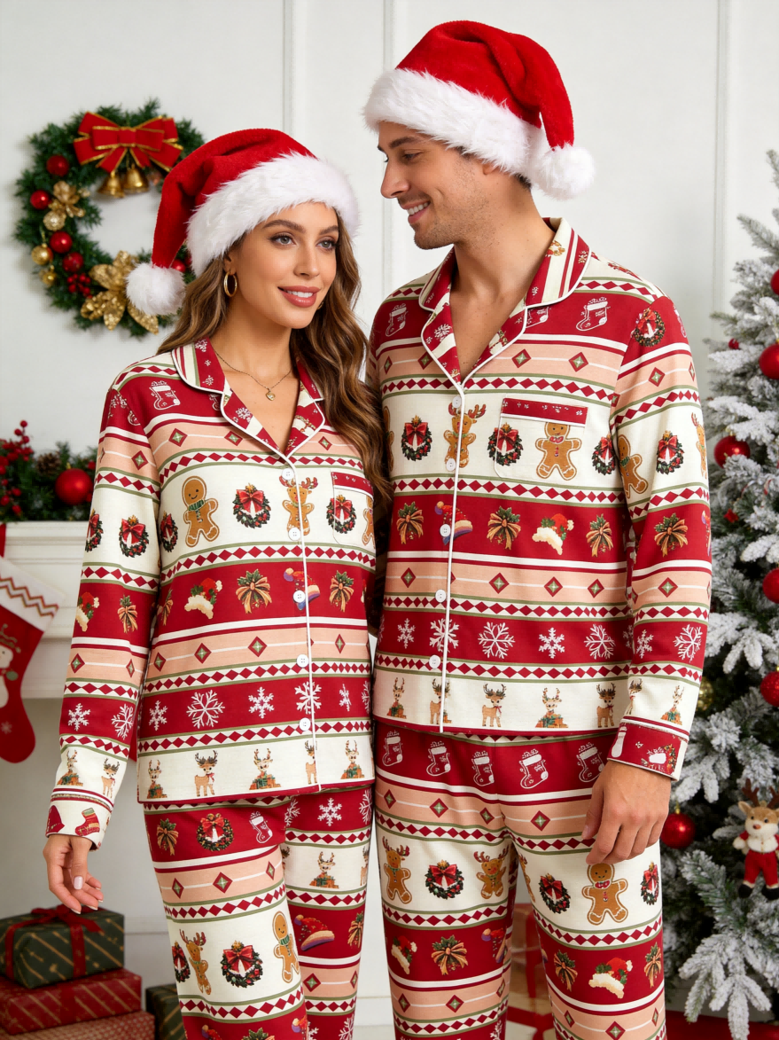 Festive Gingerbread and Elk Print Women Christmas Two-Piece Button-Down PJS