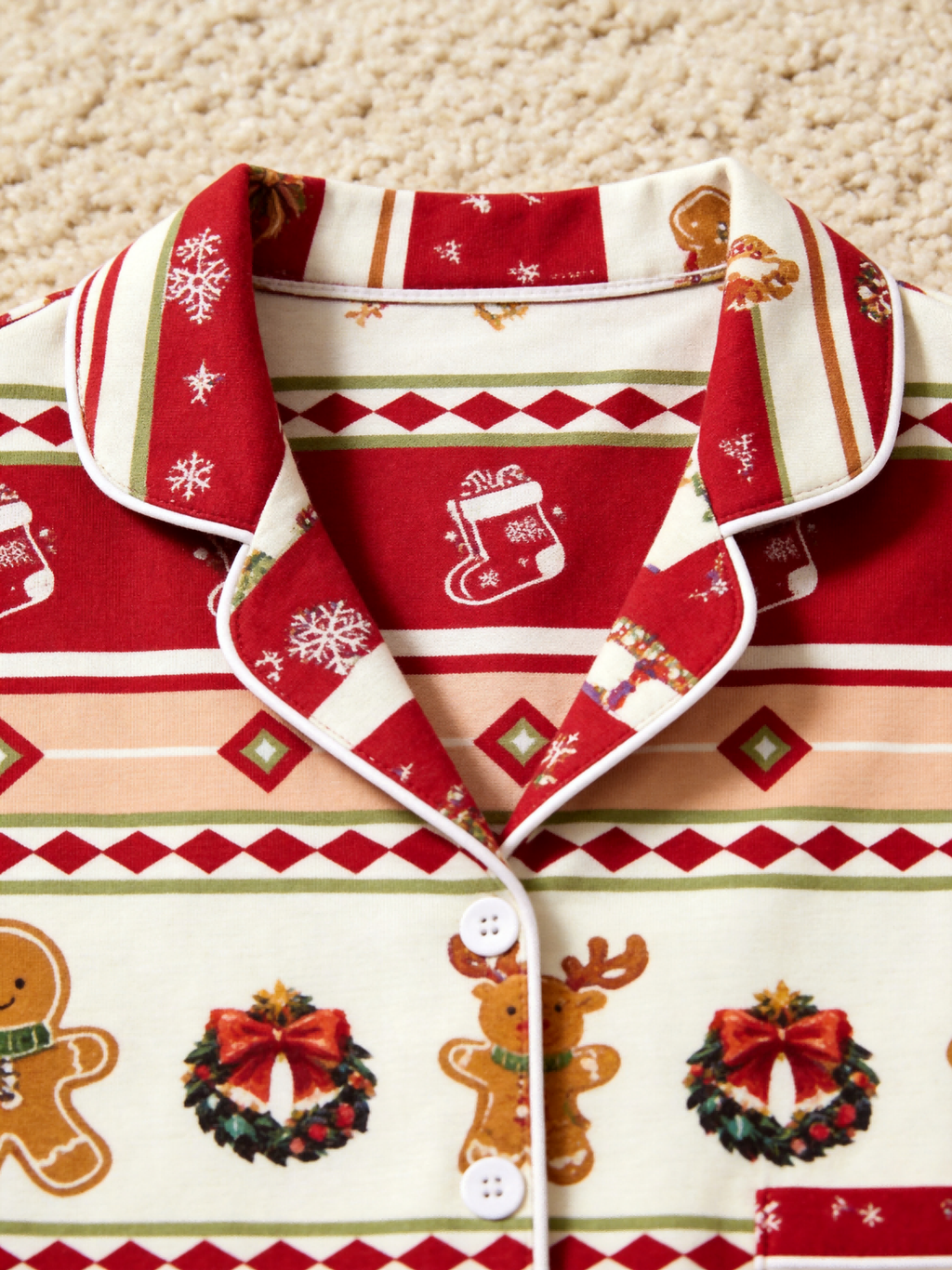 Festive Gingerbread and Elk Print Women Christmas Two-Piece Button-Down PJS