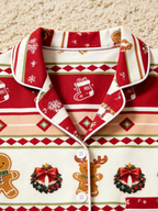 Festive Gingerbread and Elk Print Women Christmas Two-Piece Button-Down PJS