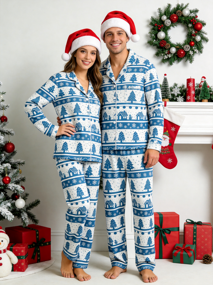 Two-Piece Set Classic Christmas Tree and Snowflakes Print Women Christmas Pajamas