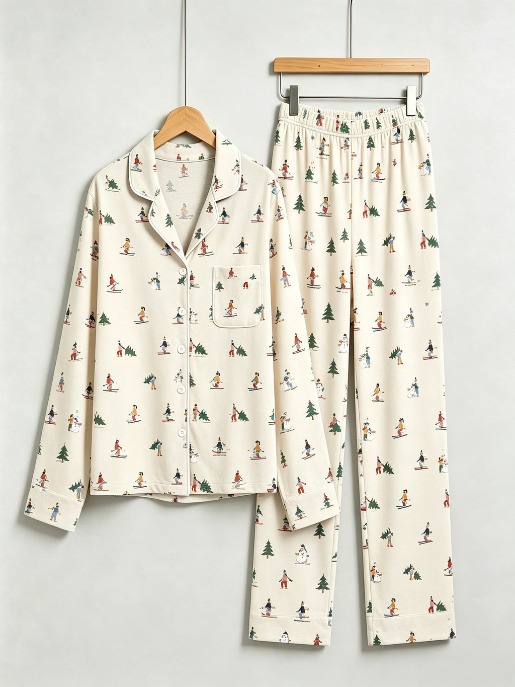 Two-Piece Set Women Christmas Two-Piece Button-Down Long Sleeve PJS Set with Pockets Cute Skiing and Winter Print Festive Holiday  Pajamas