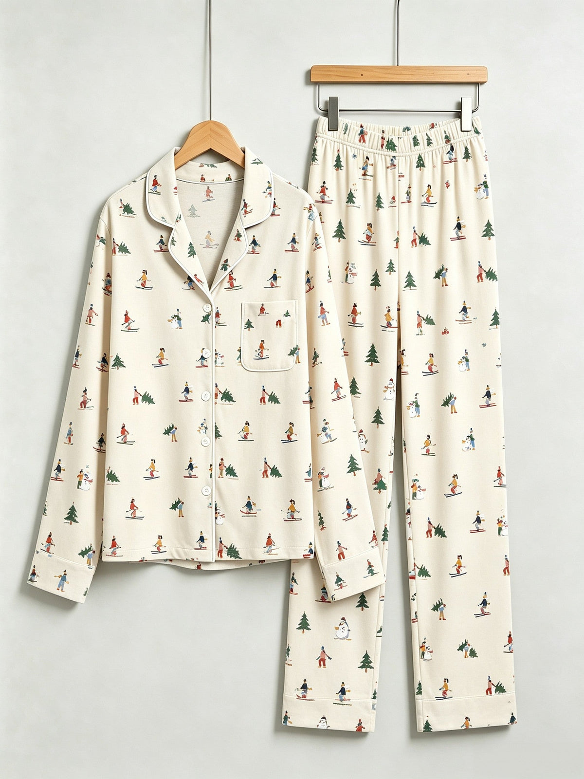 Two-Piece Set Women Christmas Two-Piece Button-Down Long Sleeve PJS Set with Pockets Cute Skiing and Winter Print Festive Holiday  Pajamas