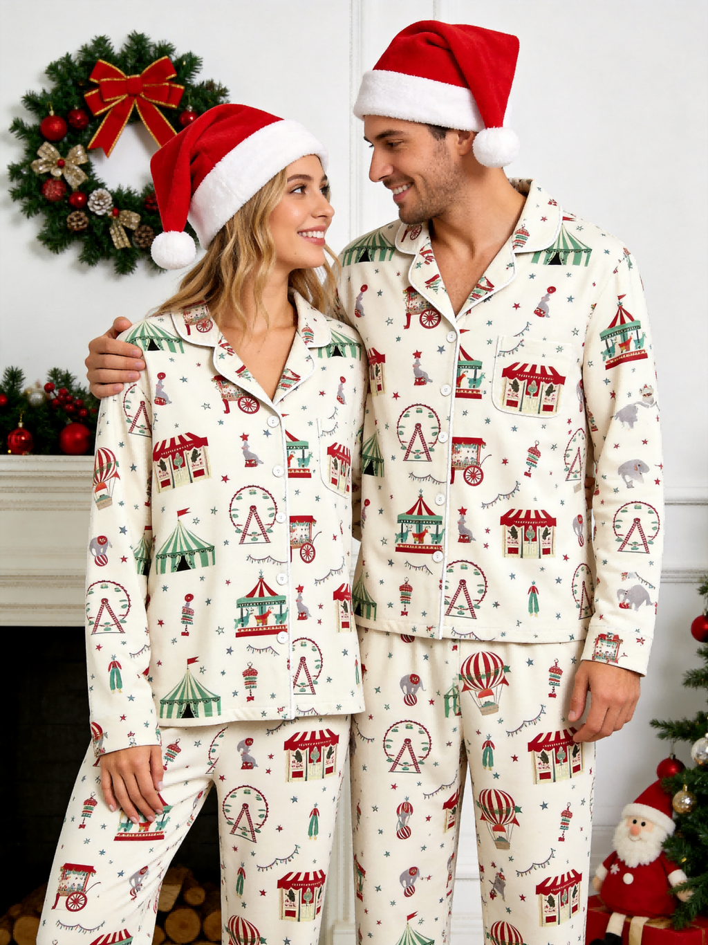 Two-Piece Set Women Christmas Button-Down Long Sleeve PJS Set with Pockets Cute Circus and Carnival Print Festive Holiday  Pajamas
