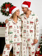 Two-Piece Set Women Christmas Button-Down Long Sleeve PJS Set with Pockets Cute Circus and Carnival Print Festive Holiday  Pajamas