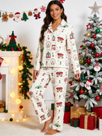 Two-Piece Set Women Christmas Button-Down Long Sleeve PJS Set with Pockets Cute Circus and Carnival Print Festive Holiday  Pajamas