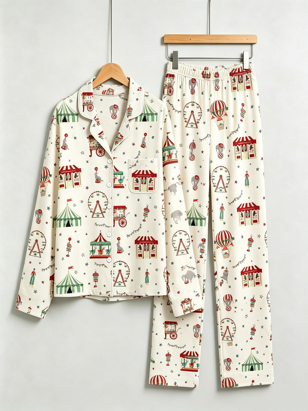Two-Piece Set Women Christmas Button-Down Long Sleeve PJS Set with Pockets Cute Circus and Carnival Print Festive Holiday  Pajamas