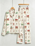 Two-Piece Set Women Christmas Button-Down Long Sleeve PJS Set with Pockets Cute Circus and Carnival Print Festive Holiday  Pajamas