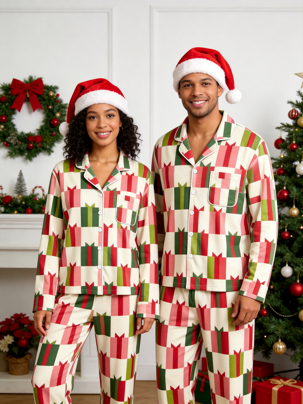 Two-Piece Set Women Christmas Two-Piece Button-Down Long Sleeve PJS Set with Pockets Festive Holiday Gift Box Print  Pajamas