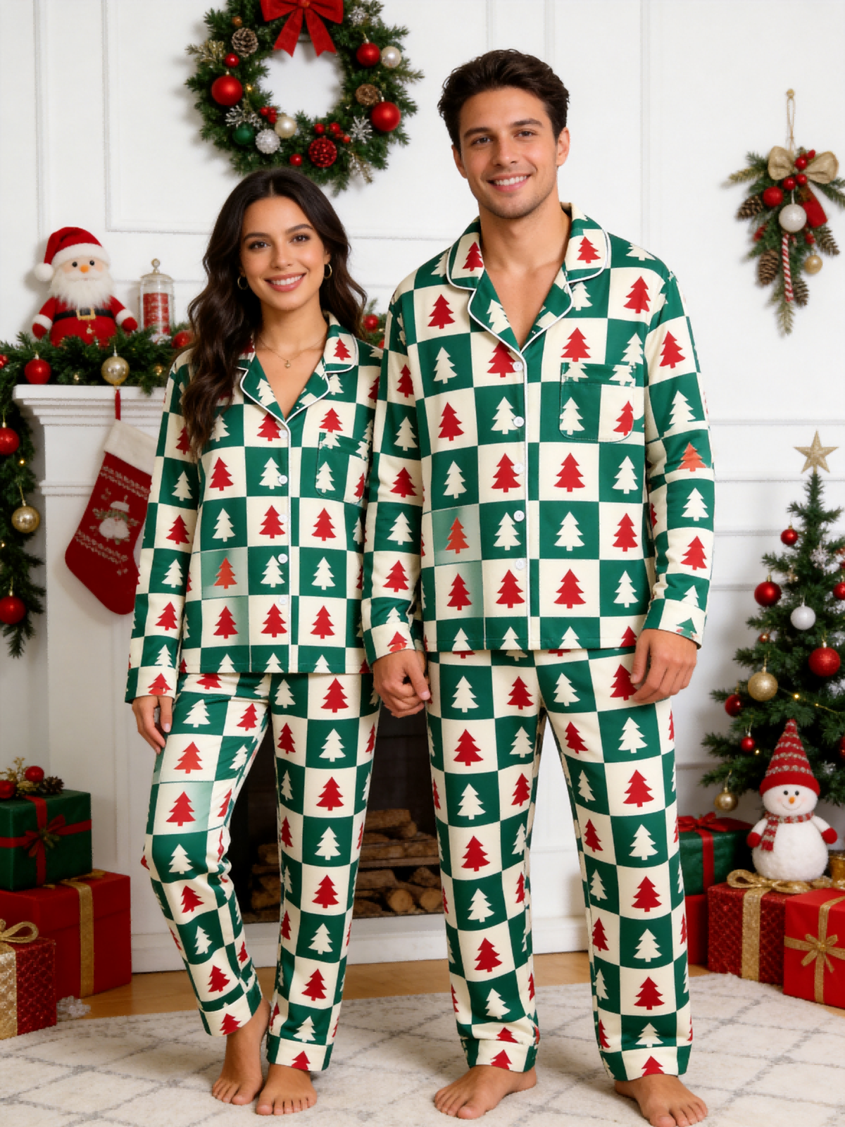 Women Christmas Pajamas - Green & Red Christmas Tree Block Check Button-Down Sleep Set