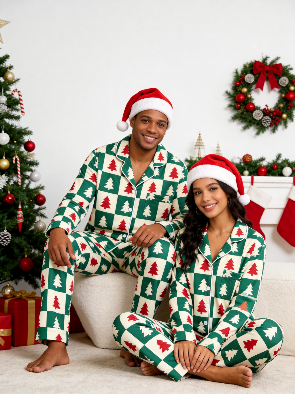 Women Christmas Pajamas - Green & Red Christmas Tree Block Check Button-Down Sleep Set
