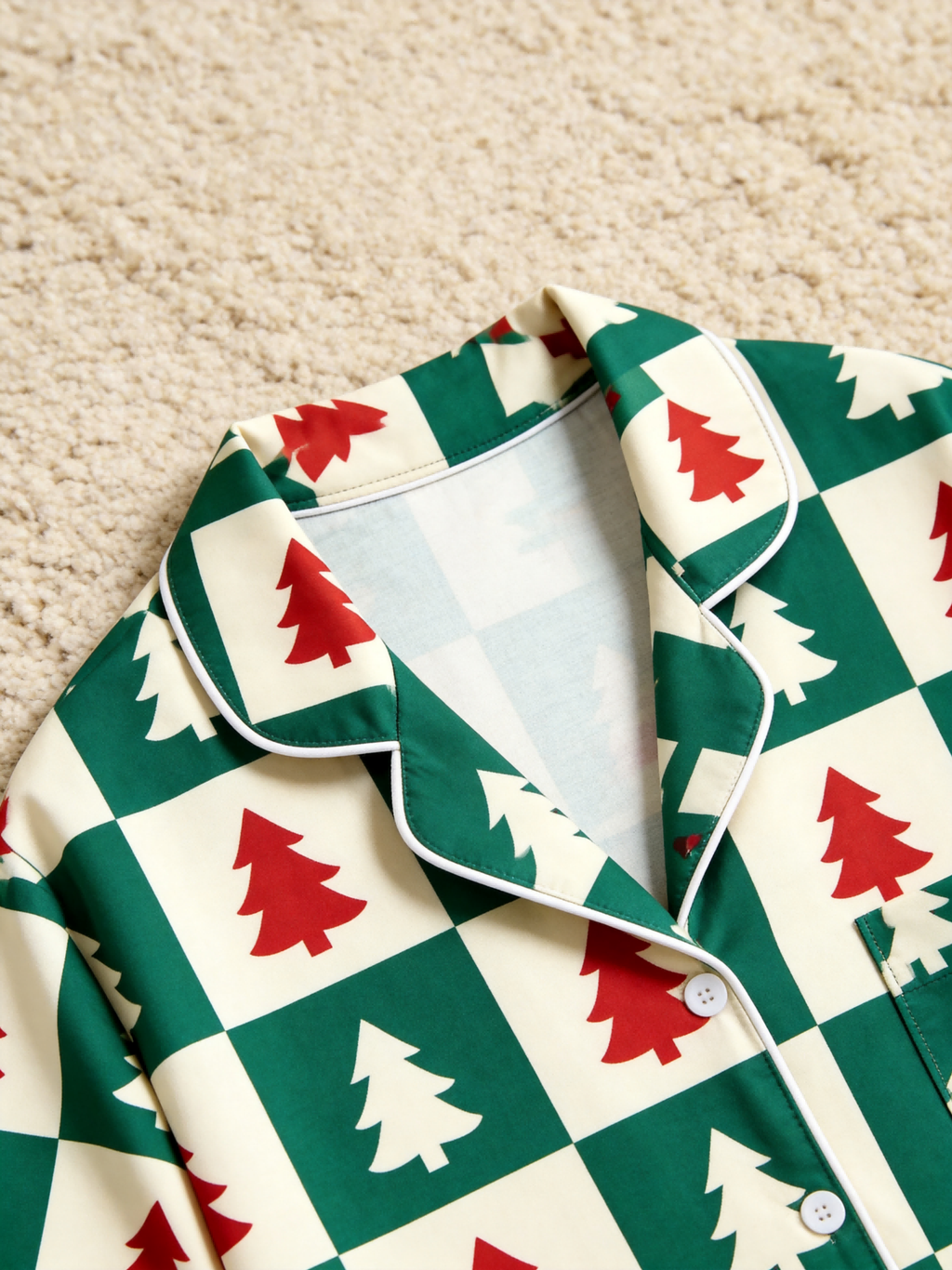 Women Christmas Pajamas - Green & Red Christmas Tree Block Check Button-Down Sleep Set