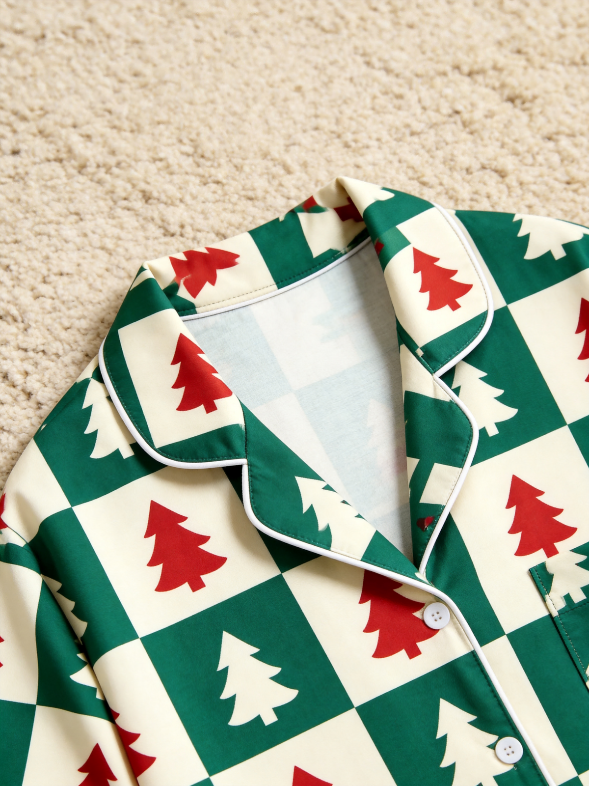 Women Christmas Pajamas - Green & Red Christmas Tree Block Check Button-Down Sleep Set