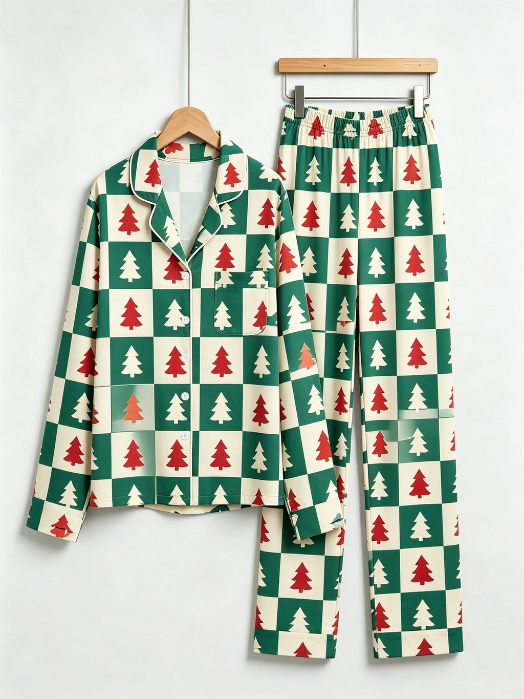 Women Christmas Pajamas - Green & Red Christmas Tree Block Check Button-Down Sleep Set