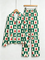 Women Christmas Pajamas - Green & Red Christmas Tree Block Check Button-Down Sleep Set