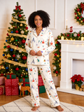 Women Christmas Pajamas - Cozy Winter Village & Deer Print Button-Down Sleepwear