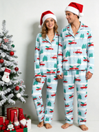 Two-Piece Set Festive Red Truck Print Women Christmas Two-Piece Button-Down PJS Long Sleeve Top and Pants with Pockets Winter Holiday Sets