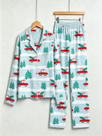Two-Piece Set Festive Red Truck Print Women Christmas Two-Piece Button-Down PJS Long Sleeve Top and Pants with Pockets Winter Holiday Sets