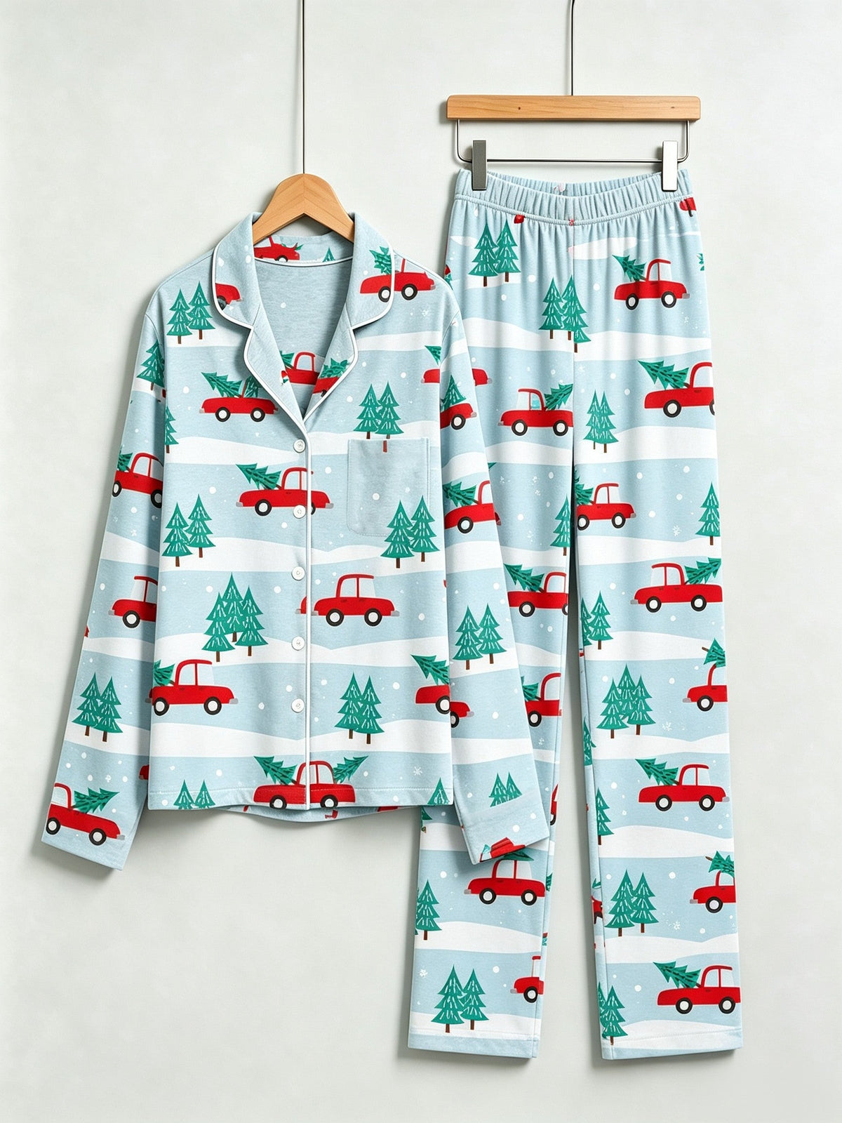 Two-Piece Set Festive Red Truck Print Women Christmas Two-Piece Button-Down PJS Long Sleeve Top and Pants with Pockets Winter Holiday Sets