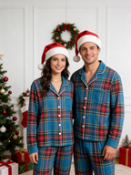 Women Christmas Pajamas - Blue Multi-Color Tartan Plaid Button-Down Sleepwear