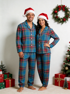 Women Christmas Pajamas - Blue Multi-Color Tartan Plaid Button-Down Sleepwear