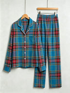 Women Christmas Pajamas - Blue Multi-Color Tartan Plaid Button-Down Sleepwear
