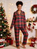 Women Christmas Pajamas - Traditional Red & Green Tartan Plaid Button-Down Set