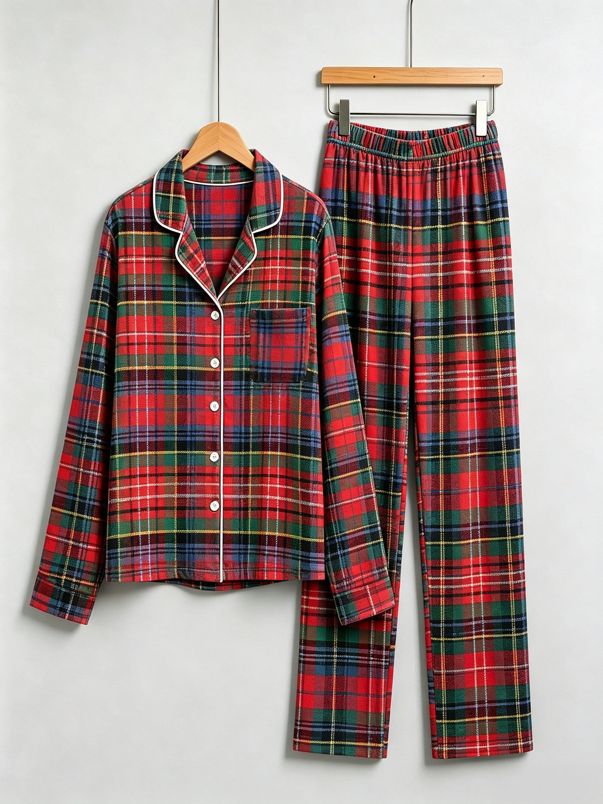 Women Christmas Pajamas - Traditional Red & Green Tartan Plaid Button-Down Set
