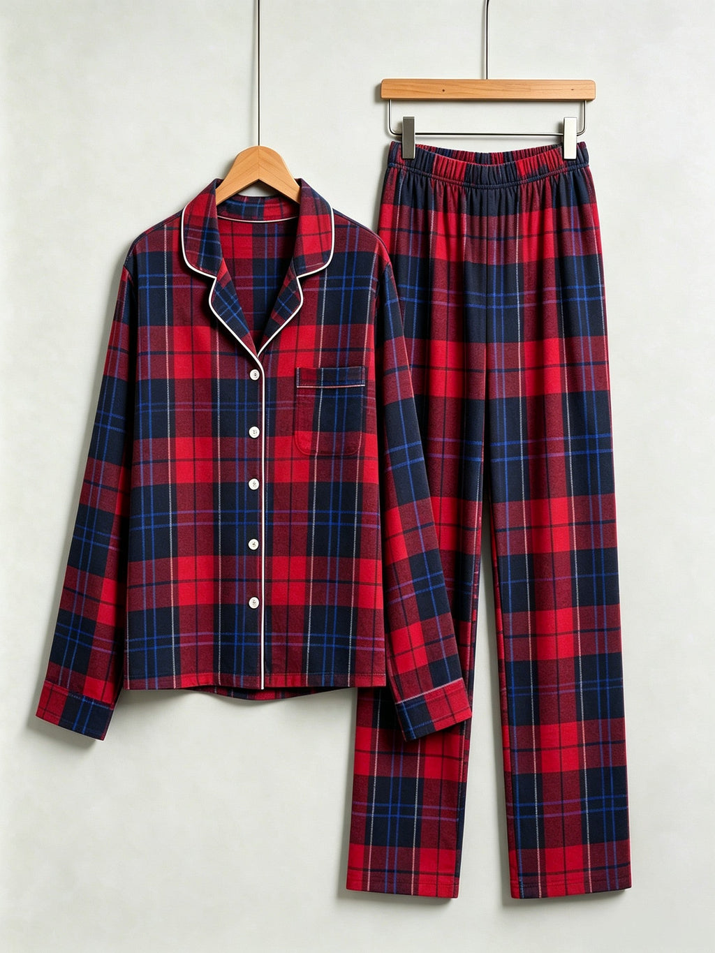 Women Christmas Pajamas - Red & Navy Blue Tartan Plaid Button-Down Sleep Set