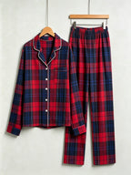 Women Christmas Pajamas - Red & Navy Blue Tartan Plaid Button-Down Sleep Set