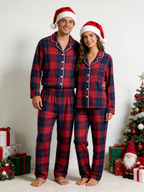 Women Christmas Pajamas - Red & Navy Blue Tartan Plaid Button-Down Sleep Set