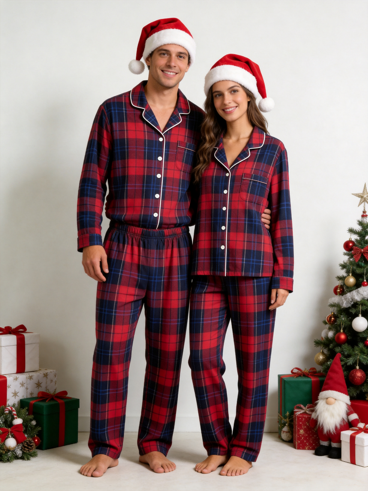 Women Christmas Pajamas - Red & Navy Blue Tartan Plaid Button-Down Sleep Set